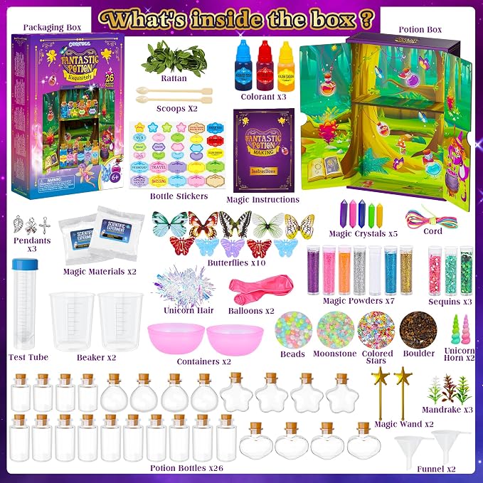 CARTELL Fairy Magic Potions Kit for Kids, Potions Craft Kit Age 6-10 | 26 DIY Mixed Wizard Potion Bottles, Mystery Potions Kit, Christmas Decorations Gifts for 6 7 8 9 10+ Year Old Girls Boys