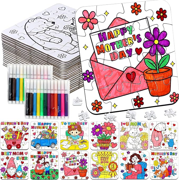 24 Set Mothers Day Crafts for Kids Classroom Bulk, Mother's Day Arts and Crafts DIY Paper Jigsaw Puzzle with Flower Bear Heart, Spring Activities Painting Kits for School Gifts Party Favors & Goodies