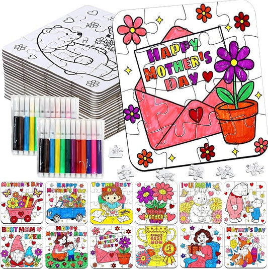 24 Set Mothers Day Crafts for Kids Classroom Bulk, Mother's Day Arts and Crafts DIY Paper Jigsaw Puzzle with Flower Bear Heart, Spring Activities Painting Kits for School Gifts Party Favors & Goodies