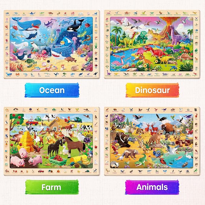SYNARRY Wooden Dinosaur Farm Ocean Animal Puzzles for Kids Ages 4-6, 4 x 60 Piece Match & Find Puzzles for Kids Ages 3-5 Boys Girls, Preschool Educational Puzzle Toddlers Easter Gifts for 4-8 Year Old