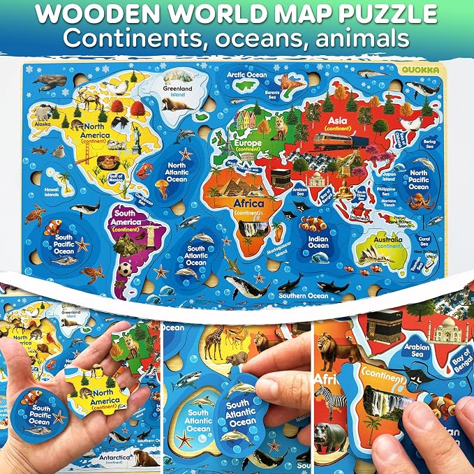 Wooden Puzzles for Kids Ages 4-6 - Toddler Puzzles Ages 3-5 USA & World Map | Montessori Wood Educational Puzzles for Toddlers 2-4 Years Old - Geography Learning Games for Kids 6-8