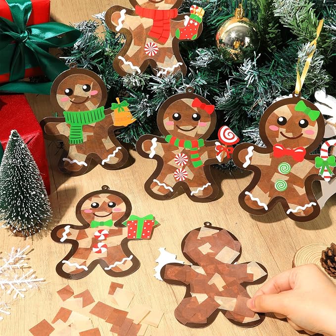 36 Set Christmas Gingerbread Suncatchers Craft Kit for Kids Christmas Tissue Paper Sun Catchers Bulk DIY Your Own Gingerbread Man Hanging Ornament for Xmas Holiday Party Home School Classroom Activity