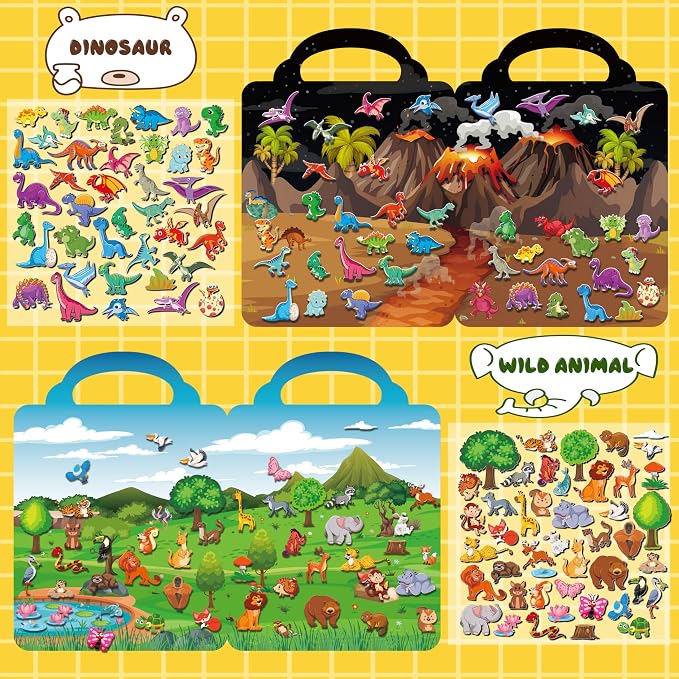 Kalysky 6Set Puffy Sticker Books for Kids 2-4, 3D Reusable Stickers Books for Toddlers 1-3 2-4,Farm+Animal+Dinosaurs+Ocean World+Space+Vehicle