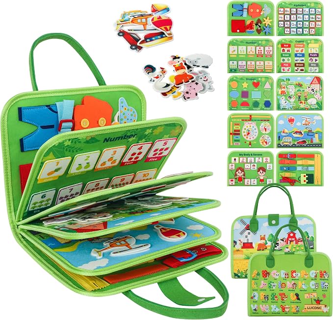 lucdnc Toddler Busy Board Montessori Toys, 10 Pages Felt Activity Book | over 3+ Year Old, Develops Fine Motor Skills, Educational Sensory Travel Toy, Airplane Car