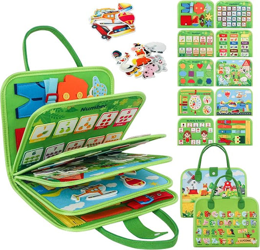 lucdnc Toddler Busy Board Montessori Toys, 10 Pages Felt Activity Book | over 3+ Year Old, Develops Fine Motor Skills, Educational Sensory Travel Toy, Airplane Car