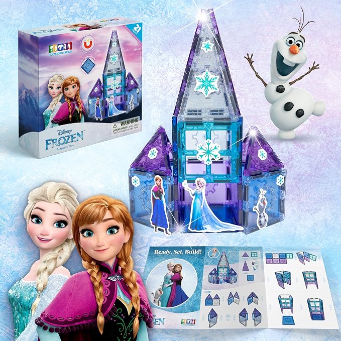 Tytan Toys Disney Frozen Magnetic Tiles Princess Castle - 20-Piece STEAM Building Set with Glitter Tiles & Elsa, Anna, Olaf Stickers - Educational Frozen Toys for Girls Age 3-4+