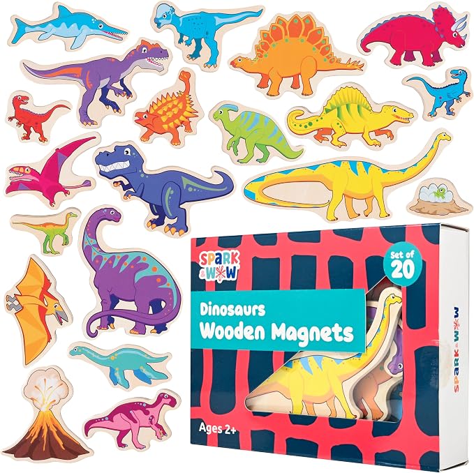 Spark & Wow Wooden Magnets, Dinosaurs, Magnets for Kids Ages 2+ | Open-Ended Play, Adhere to Fridges, Whiteboards and More