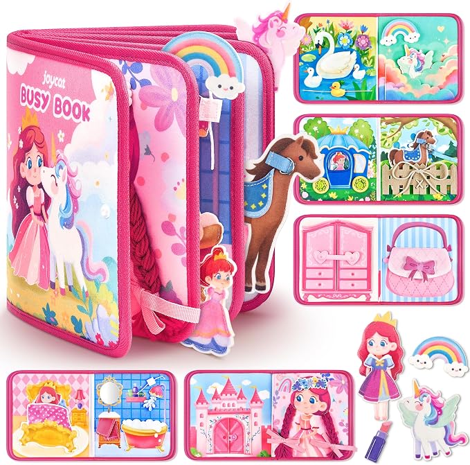 JoyCat Princess Busy Book for Toddlers 1-3, Dress Up Montessori Quiet Toy | Princess busy book with dress-up activities encourages fine motor skills, creativity and quiet travel play for toddlers.