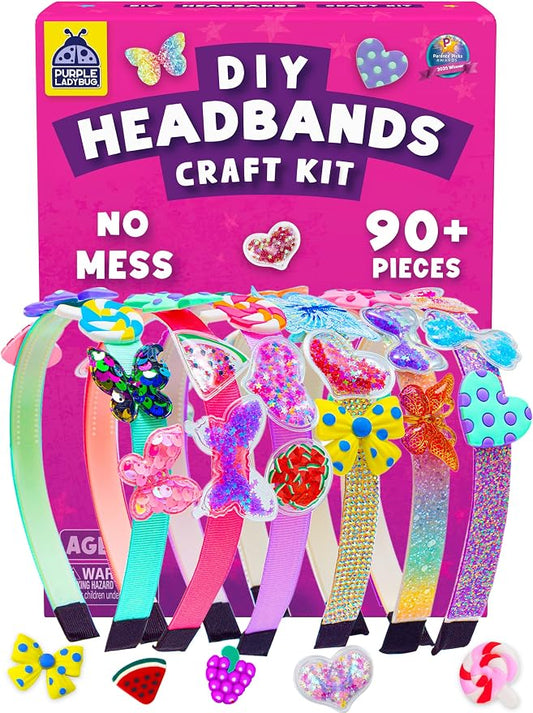 Glamour Headband Making Kit for Girls Ages 5+, Mess-Free Playdate Activity | DIY Craft Kit with 6 Satin Headbands for Girls, Easy to Make, Screen-Free Activity, Birthday Gifts for 5 Years Old Girls