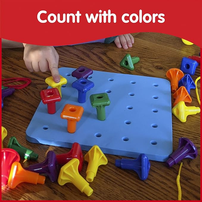 edxeducation Geo Pegs and Peg Board Set, 36 Pegs, 3 Shapes & 3 Laces | 6 Colors, Ages 18m+, Homeschool Supplies for Preschool Activities