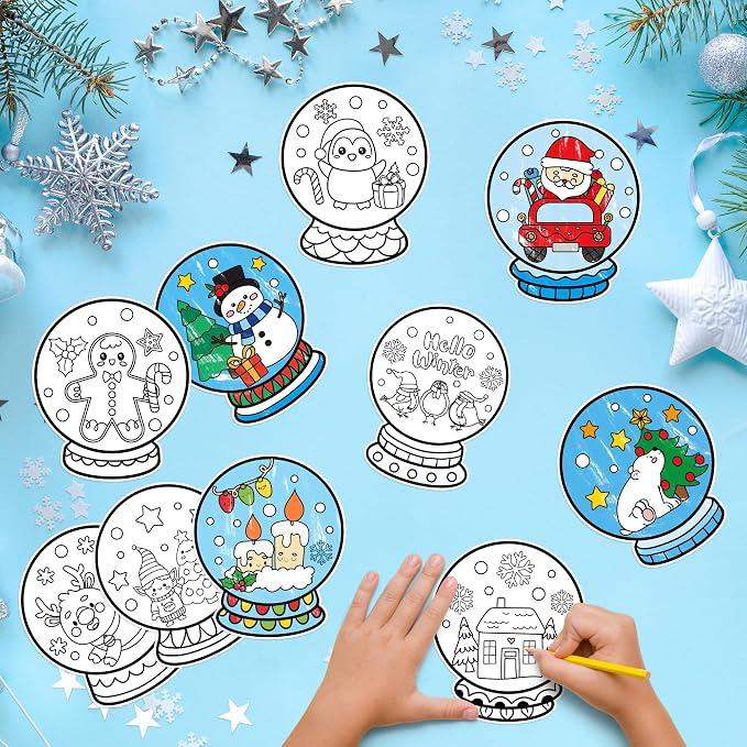 Winter Snow Globe Coloring Craft Kit - 30Pcs Snowman Penguin Bear Color Your Own Magnets for Kids Snow Globe Blank DIY Coloring Fridge Magnets for School Home Decor Xmas Winter Holiday Party Supplies