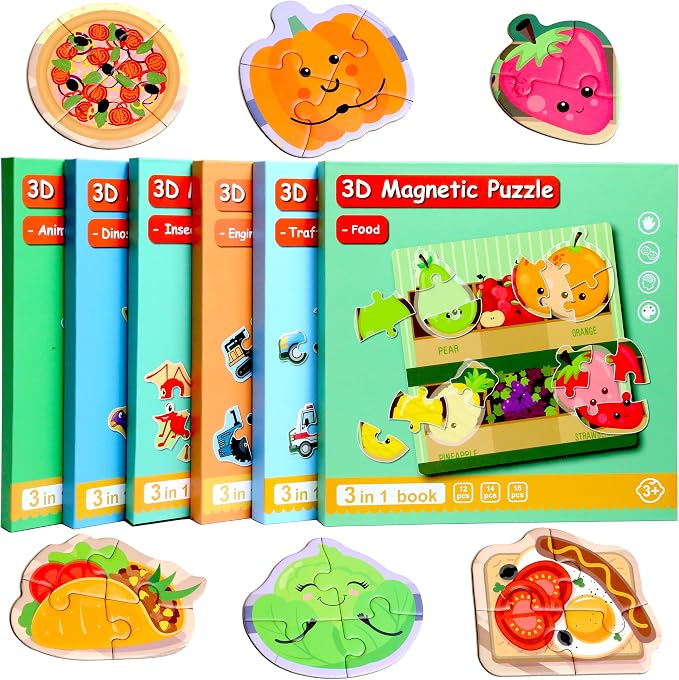 Magnetic Puzzles for Kids Ages 3-5, Travel Toddler Food Puzzle Toy | Refrigerator Magnet Game for Ages 4-6, Learning & Birthday Gift for Boys, Car Airplane Road Trip Quiet-Time Activity Toys