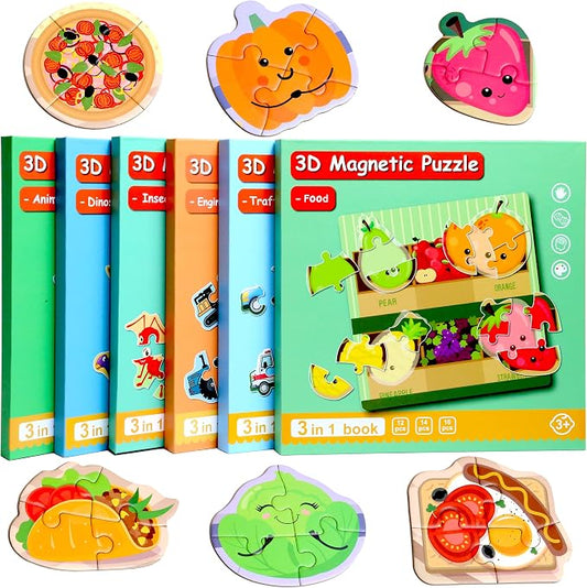 Magnetic Puzzles for Kids Ages 3-5, Travel Toddler Food Puzzle Toy | Refrigerator Magnet Game for Ages 4-6, Learning & Birthday Gift for Boys, Car Airplane Road Trip Quiet-Time Activity Toys