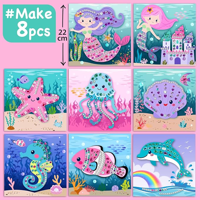 EZCRA Mermaid Gem Sticker Kit for Kids - 800 Stickers, 8 Underwater Themes | Diamond Art Stickers and Gem Craft Set. Mess-Free and DIY Arts and Crafts. Birthday and Holiday Gift for Girls Ages 3-8.