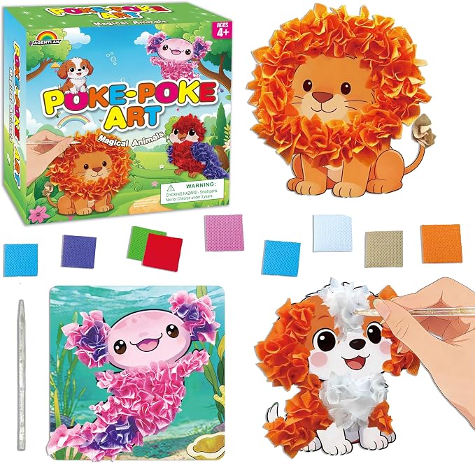 AGENTLAN Animal Poke Art Kit,Mess-Free Crafts for Kids Ages 3-8 | 6 poke in animal designs, 3D Art, no glue, no mess, screen-free activity, travel craft