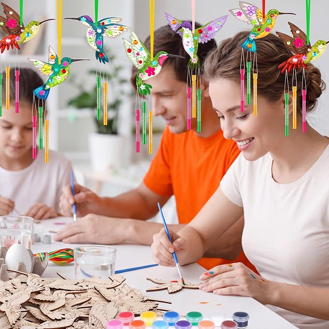JellyArch 30 Pack Hummingbird Chime Craft Kit for Kids, DIY Painting Set | Wooden Ornament Art, Includes Chime Tubes Paints Brushes Stickers, Bulk Set for Summer Parties Group Activities