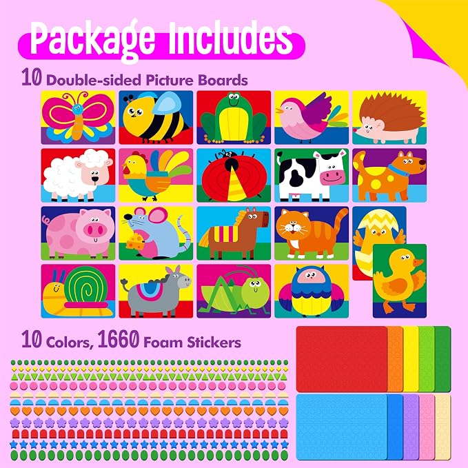 SpriteGru Foam Sticker Art Activity, 20 Farm Animal Art Boards with 1660 Foam Stickers in 10 Colors, Funny DIY Activity Creative Craft Kits Travel Game for Kids, Boys & Girls