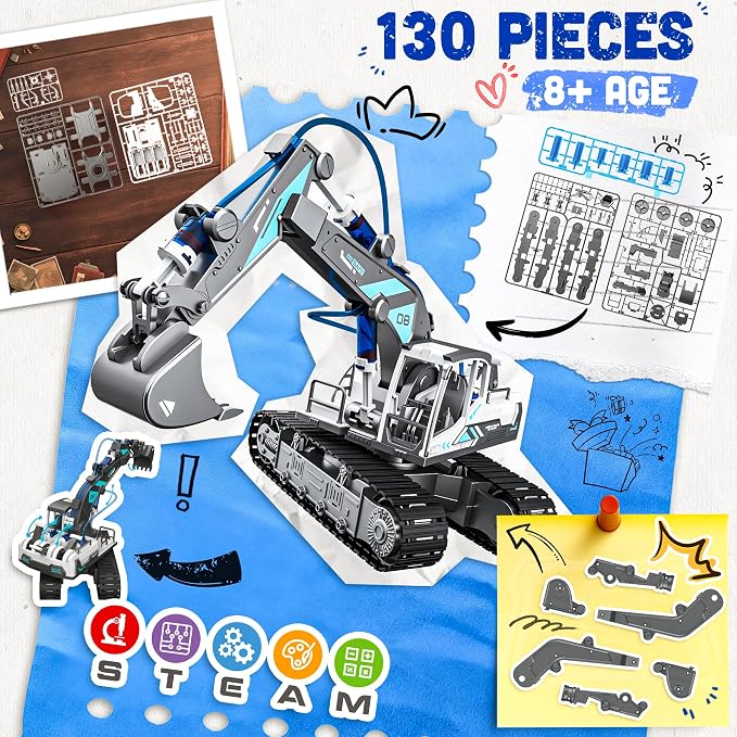 Hydraulic Excavator STEM Building Toy, 130 Pcs Engineering Kit for Kids 8+ | DIY Construction Kit, Hydraulic Robot Arm, No Battery Required, Mechanical Learning, Assembly Toy, STEM Engineering Activity