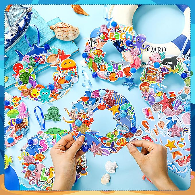 Hollowfly 48 Sets Under the Sea Craft Kits DIY Summer Ocean Wreaths | Hanging Paper Ornaments for Kids Party Favors, Ocean Animals Sea Creatures Stickers, Summer Beach Classroom Activities