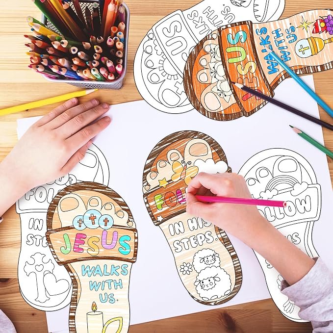 Dvbonike 24Pcs Sunday School Crafts for Kids Color Your Own Religious Card | Jesus Walks with Us, Christian Coloring Craft Kit, Footprint, DIY Drawing Party, Gifts, VBS Home Classroom, Activity Supplies