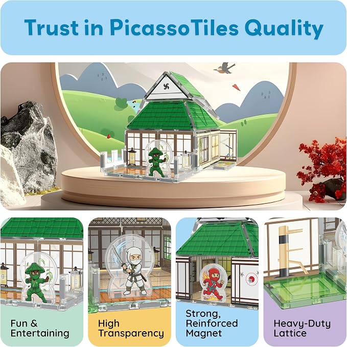 PicassoTiles Magnetic Tile Ninja Dojo Theme Set Two Sided Printed Designs Interior Exterior 3D Magnet Tiles 4 Character Ninjas STEM Education Learning Kit Building Blocks Toys Kids Ages 3 4 6 7 PTQ107