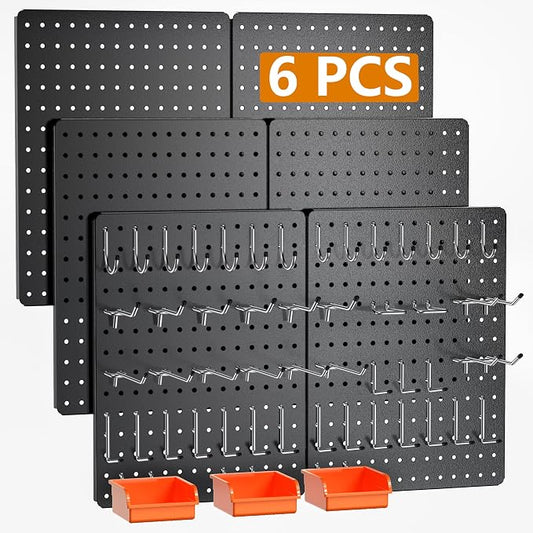 Peg Board, 112PCS Heavy Duty Metal Pegboard with Hooks, 6 Pack Black Peg Board Panels, 60lbs Load Capacity Each, Pegboard Wall Organizer for Garage, Workshop, Kitchen, Craft Rooms
