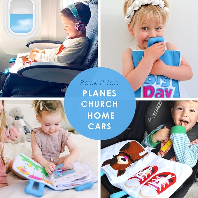 Curious Columbus My Big Day Quiet Book, Fabric Busy Book for Travel (Blue) | 10 Interactive Pages, Color Matching, Counting, Buttons, Zippers, Buckles and Lacing, Book Zips Closed with Carry Handles