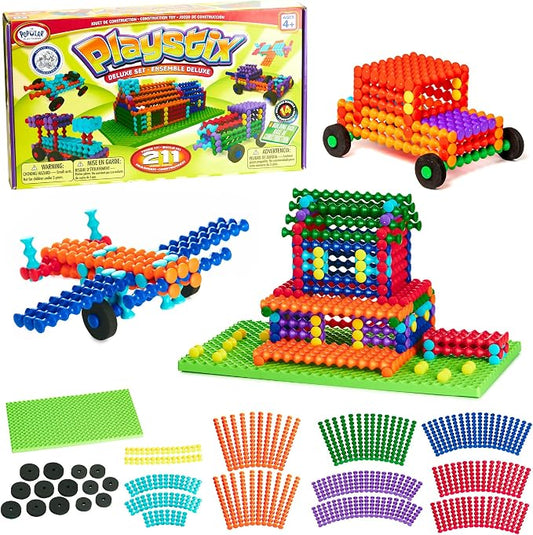 POPULAR PLAYTHINGS Playstix Deluxe Set, 211 Piece, Building Sticks Kit | for Kids Ages 4 and Up, Construction Stem Building Toy Gift, for Boys & Girls, for Kids