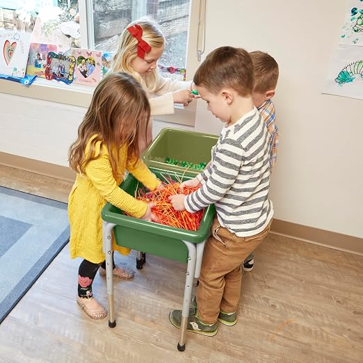 ECR4Kids 2-Station Sand and Water Adjustable Play Table, Sensory Bins, Fern Green/Hunter Green | Durable plastic/steel, GREENGUARD Gold Certified, 3-5 years, 80 lb capacity, adjustable legs, easy-lift lids, indoor/outdoor