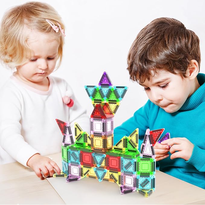 PicassoTiles Nano Magnetic Tiles Travel Set with Storage Tin, Kids Ages 3+ | 39 colorful triangles, 11 squares, lid doubles as a play board, STEM learning, portable screen-free fun, expandable builds
