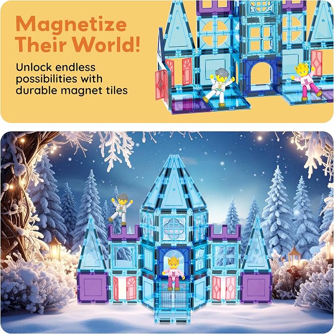 PicassoTiles 72 Piece Magnetic Building Tiles Castle Winter Ice Theme Construction Magnet Block Set with Princess Prince Character Stairs Windows Doors STEM Learning Educational Toy Kids Ages 3+ PT72