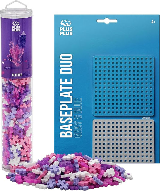PLUS PLUS 240 Piece Glitter Mix Tube & Baseplate - Waffle Blocks Stem Toy | Sensory Bin Fillers, Gifts for Boys & Girls, Classroom Must Haves, Christmas Stocking Stuffers for Kids, Math Manipulatives