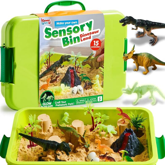 JOVA Klever Kits Dinosaurs Sensory Bin Toys for Kids with Glow in The Dark Dinosaurs, Sandbox with Lid Sand, Preschool Learning Activities Gifts for Boys Girls Age 3+