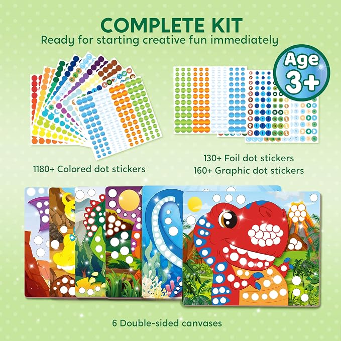Klever Kits Dot Art Kit for Kids, No Mess Sticker for Kids 3-7, Craft Kits, DIY Creative Activity, Travel Toy, Birthday Gifts for Boys Girls (Dinosaur)