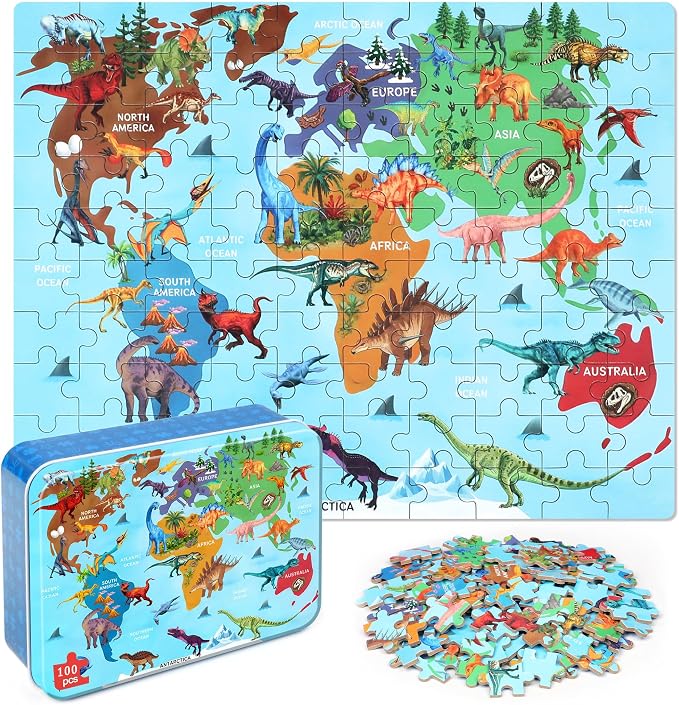 LELEMON Puzzles for Kids Ages 4-6,Dinosaur Map 100 Piece Puzzles for Kids Ages 6-8 in a Metal Box,Educational Jigsaw Puzzles,Childrens 100 Piece Puzzle Games Puzzle Toys for Girls and Boys