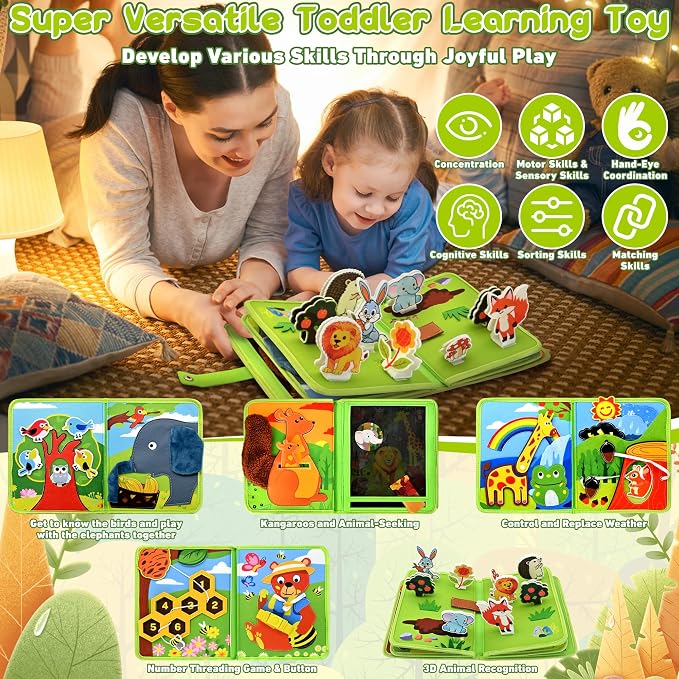 Busy Book for Toddlers 1–3, Montessori Animal Sensory Quiet Book, Fine Motor Skills Learning Toy for 1 2 3 Year Old Boys Girls, Educational Travel Toy for Airplane Car, Birthday Gift