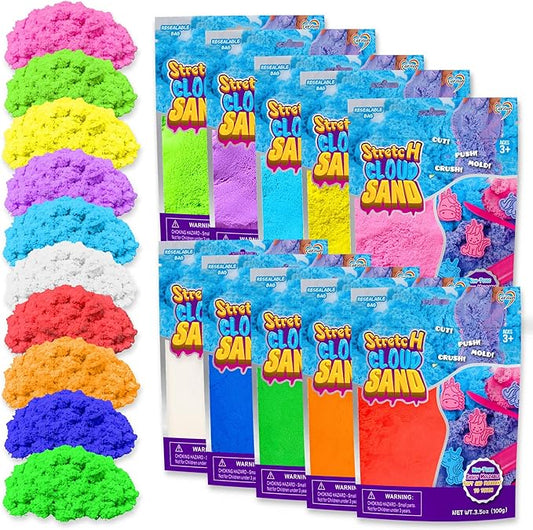 Carolart 10 Colors Cloud Sand, Stretch Sensory Sand Refill for Kids | Cloud clay sensory play set with 10 colors, sensory bin filler, sensory table refill and sand toys for kids ages 3+
