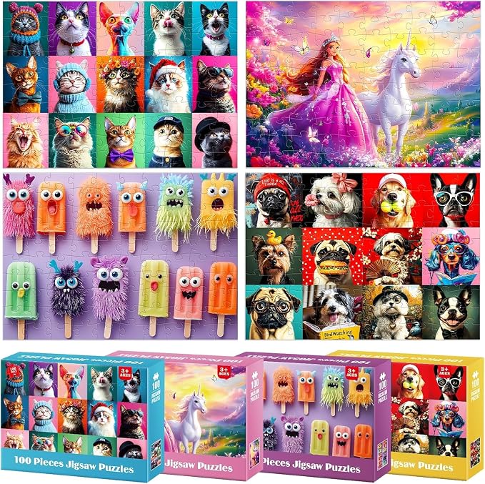 4-Pack 100 Piece Puzzles for Kids Ages 4-6 6-8 8-10 - Popsicles Unicorn Princess Cats Dogs Puzzle for Girls 4-6 Years Old 100 Piece Jigsaw Puzzle for Adults Toddler Children Learning Educational Toys