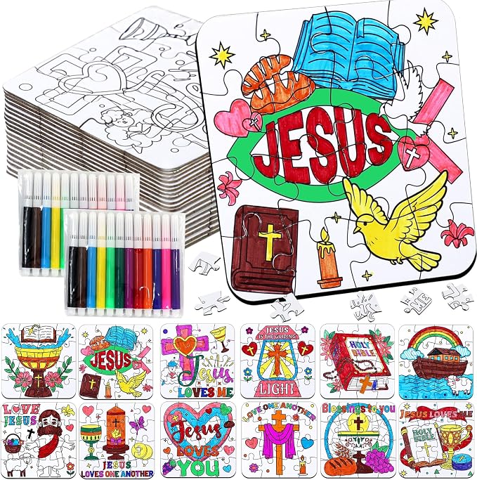 24 Sets Sunday School Crafts for Kids Ages 4-8, Christian VBS Craft Puzzle Jesus Cross Bible, Religious Arts Gifts for Classroom DIY Activity, Back to School Party Favors, Coloring Game Bulk Supplies