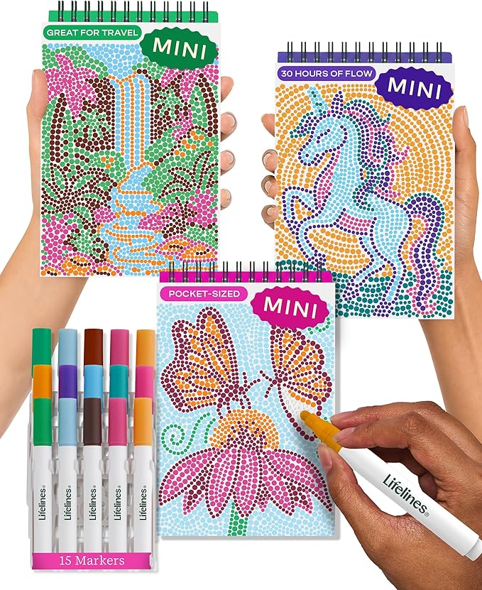 Lifelines FlowArt Mini Activity Pads, 3-Pack, Dot-by-Letter Coloring Books | 15 Markers & 60 Scenes - Guided Art Meditations for Tweens, Adults & Seniors - Dot-by-Letter - Patent-Pending