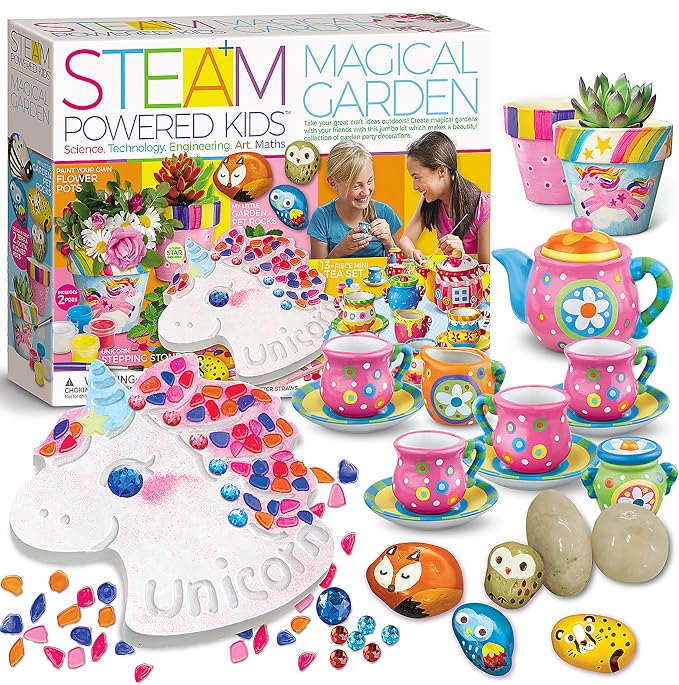 4M Magical Garden Kit for Kids Ages 8-12 – 4-in-1 Craft Set: Paint Flower Pots, Unicorn Stepping Stone with Glow Star, Mosaics & Gemstones, Mini Porcelain Tea Set, Garden Stones, Creative Art Gift