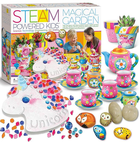 4M Magical Garden Kit for Kids Ages 8-12 – 4-in-1 Craft Set: Paint Flower Pots, Unicorn Stepping Stone with Glow Star, Mosaics & Gemstones, Mini Porcelain Tea Set, Garden Stones, Creative Art Gift