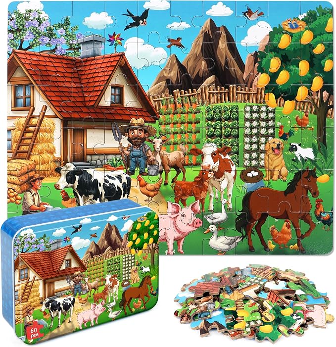 LELEMON Puzzles for Kids Ages 4-6,60 Piece Puzzles for Kids in a Metal Box | Farm Educational Jigsaw Puzzles Kids Puzzles,Childrens Puzzle Games Puzzle Toys for Girls and Boys