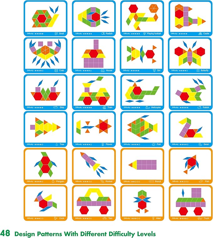 SpriteGru 300 PCS Wooden Pattern Blocks Set for Kids with 24 Double-Sided Design Cards(48 Patterns) and Storage Bag in Gift Box,Fun Montessori Learning Toys