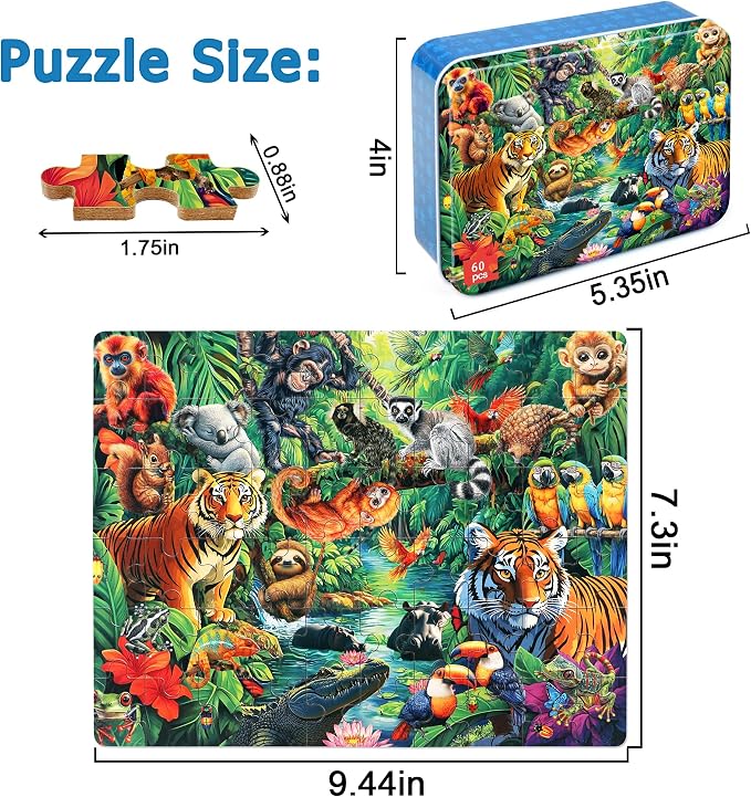LELEMON Puzzles for Kids Ages 4-6, 60 Piece Puzzles for Kids in Metal Box | Jungle Puzzle Educational Kids Puzzles,Jigsaw Puzzles for Kids Ages 3-5,Childrens Puzzle Games Puzzle Toys for Girls and Boys