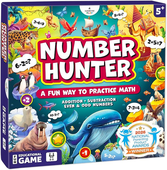 Number Hunter Math Board Game for Kids 5-7, 1st Grade & Kindergarten | Addition and subtraction game, STEM toy for 5+ year old, homeschool essentials, classroom learning, family game night