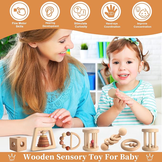 Wooden Baby Toy 8pcs, Montessori Toys for Babies 1-3 Years Old, Wooden Rattles Toy Set for Infant Grasping, Sensory Development, Gift for Baby Boys Girls (Natural Wood)