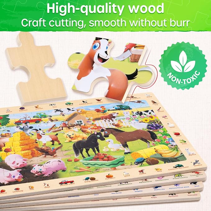 SYNARRY Wooden Dinosaur Farm Ocean Animal Puzzles for Kids Ages 4-6, 4 x 60 Piece Match & Find Puzzles for Kids Ages 3-5 Boys Girls, Preschool Educational Puzzle Toddlers Easter Gifts for 4-8 Year Old