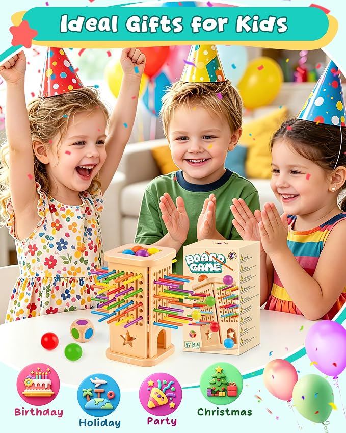 Montessori Board Game for Kids 4-6, Wooden Colorful Sticks Ball Drop Games | Color Matching Educational Toy for 3 4 5 6 Year Olds, Fine Motor Skills, Family Travel Game, Birthday Gift for Boys & Girls