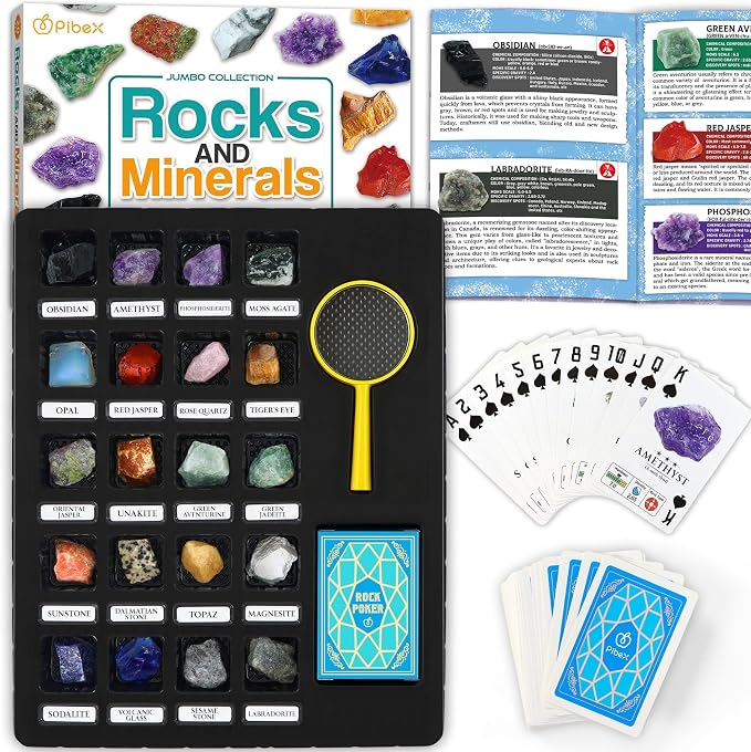 PIBEX Rock Collection Jumbo Kit, 20 Large Raw Rocks & Minerals | Approx. 1.5-2 inch Stone, Collector Box with Name Labels, Magnifier, Game Cards, Learning Book, Geology Gift for Kids Ages 6+